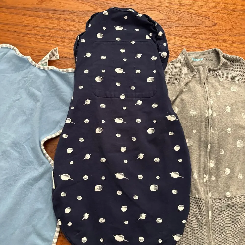 Bundle of three Happiest Baby Sleep sacks and Love to Dream baby swaddle